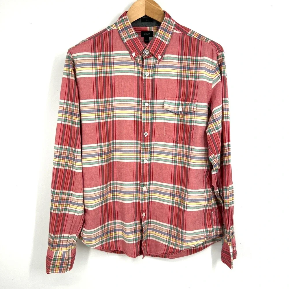 J. Crew Slim Fit‎ Indian Cotton Button Down LS Shirt Mens Size L Red Plaid A4714